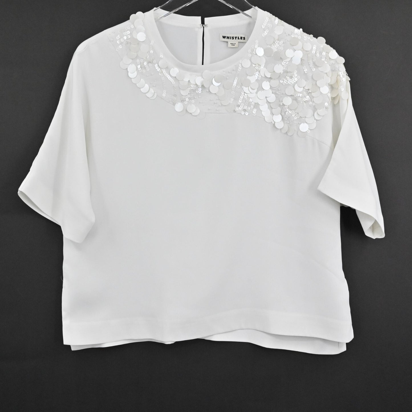 WHISTLES White Sequin Top Womens Size 4 Beaded Embellished Boxy Short Sleeve Tee