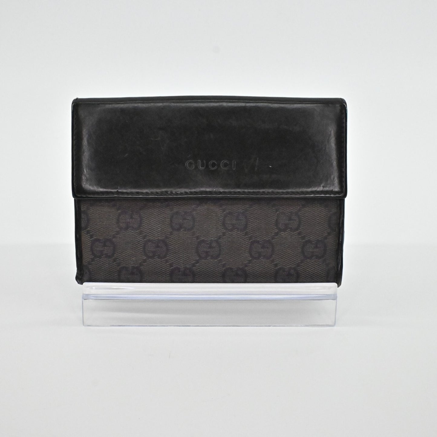Vtg GUCCI Wallet Brown Leather Classic Monogram GG Logo Print Fold Compact
