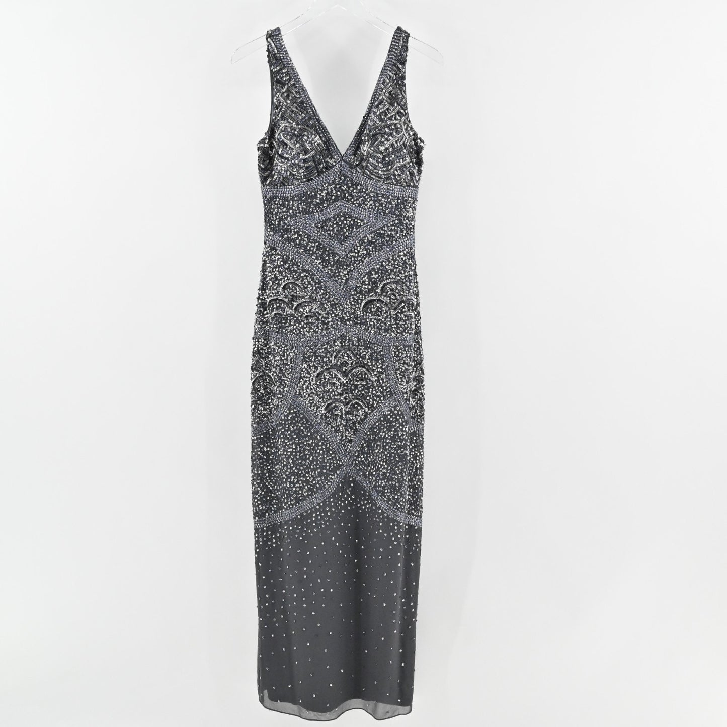 AIDAN MATTOX Sequin Maxi Dress Sz 10 VNeck Sleeveless Embellished Gunmetal Gown