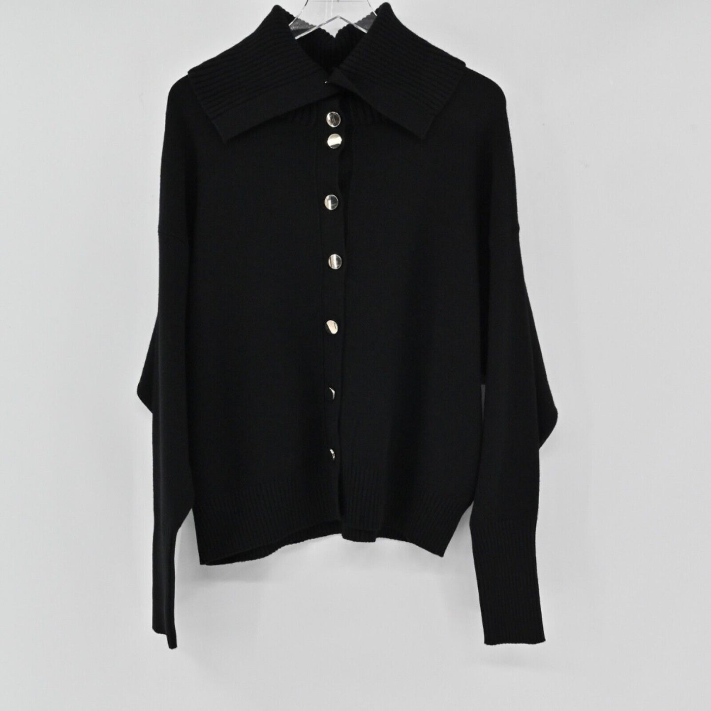ZARA Cardigan Womens Sz M Black Exaggerated Collar Button Minimalist Retro Chic