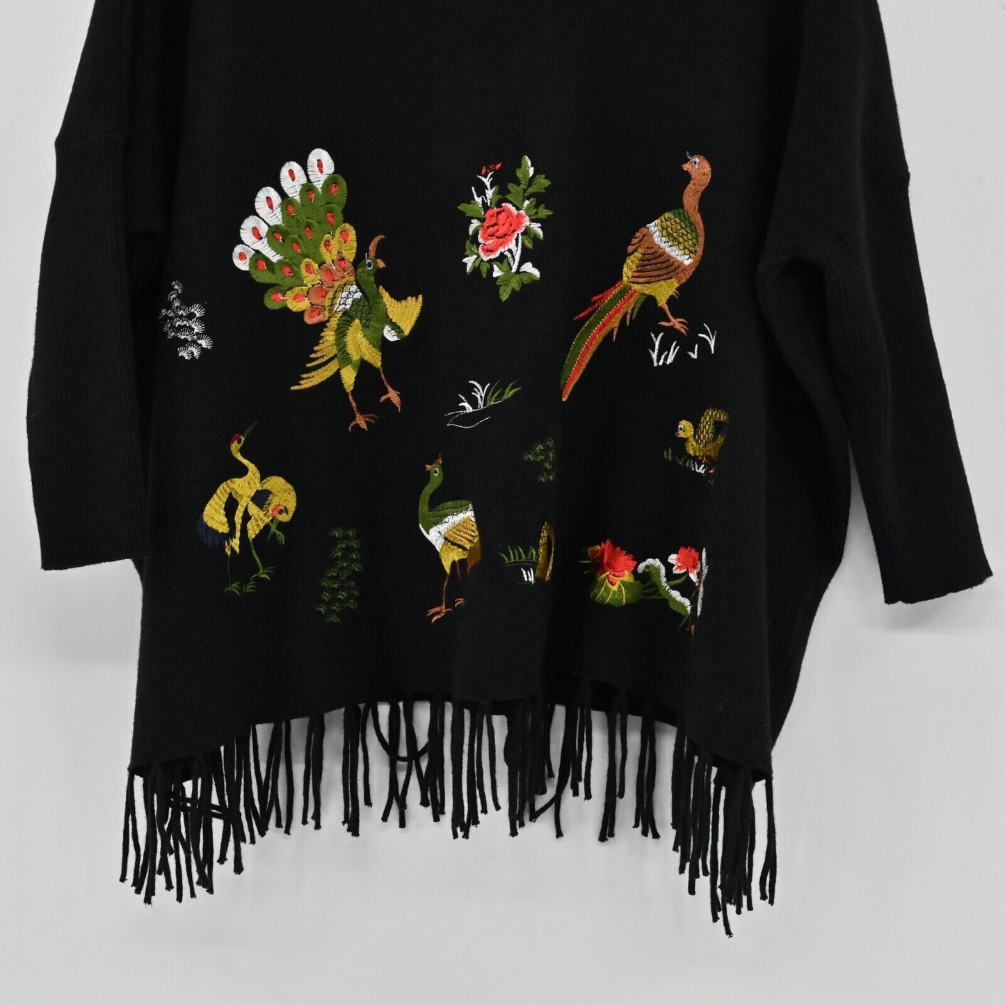KEYINGYI Sweater Womens One Size Bird Motif Embroidered Cashmere Fringe Turkey
