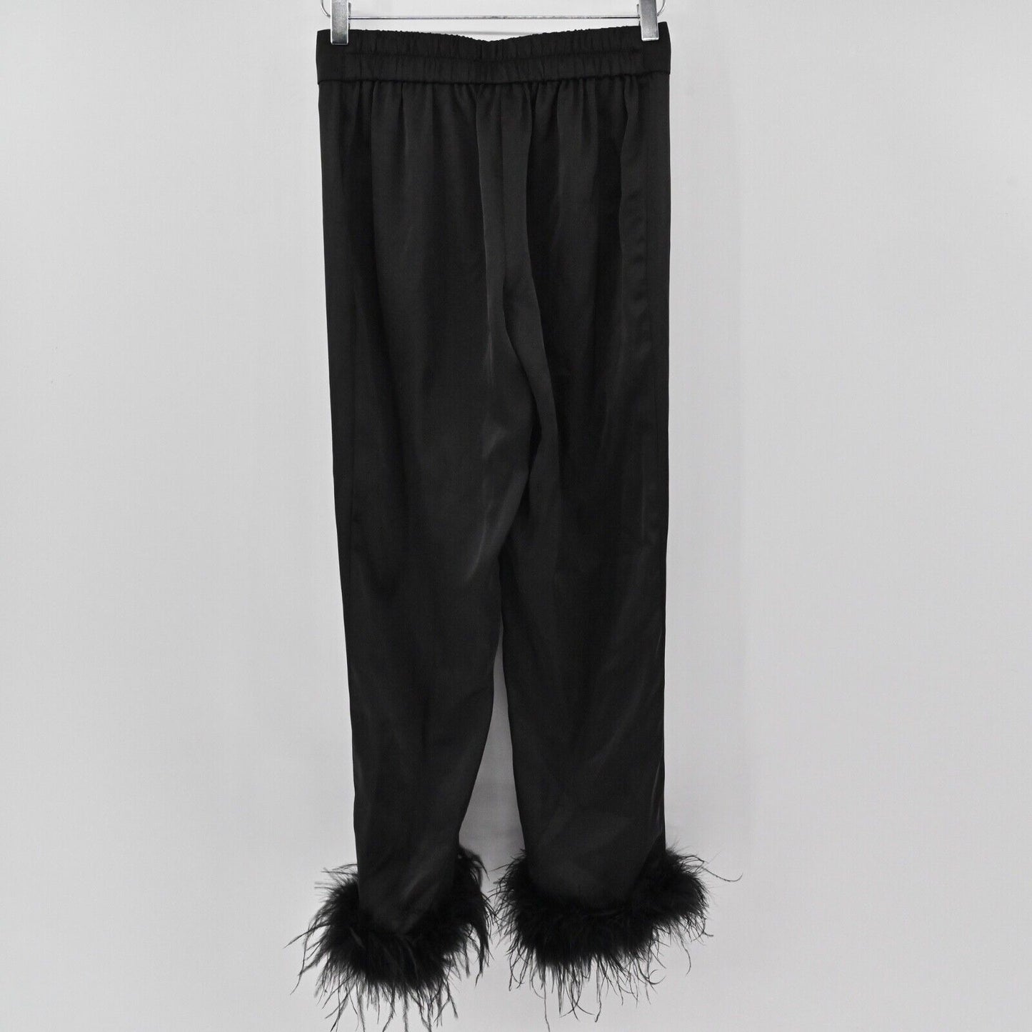 NADINE MERABI Pants Women Sz 2 Black Satin Feather Cuff Darcie Pajama Retro Glam