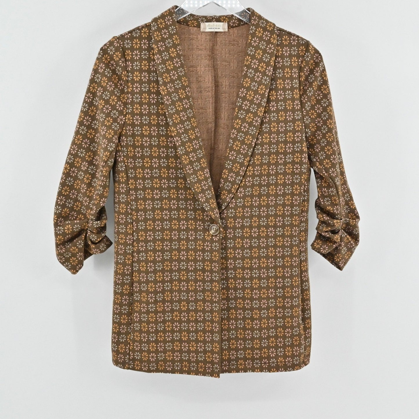 Altard State Floral Print Brown Blazer Size S Retro Mod Ruched 3/4 Sleeve USA