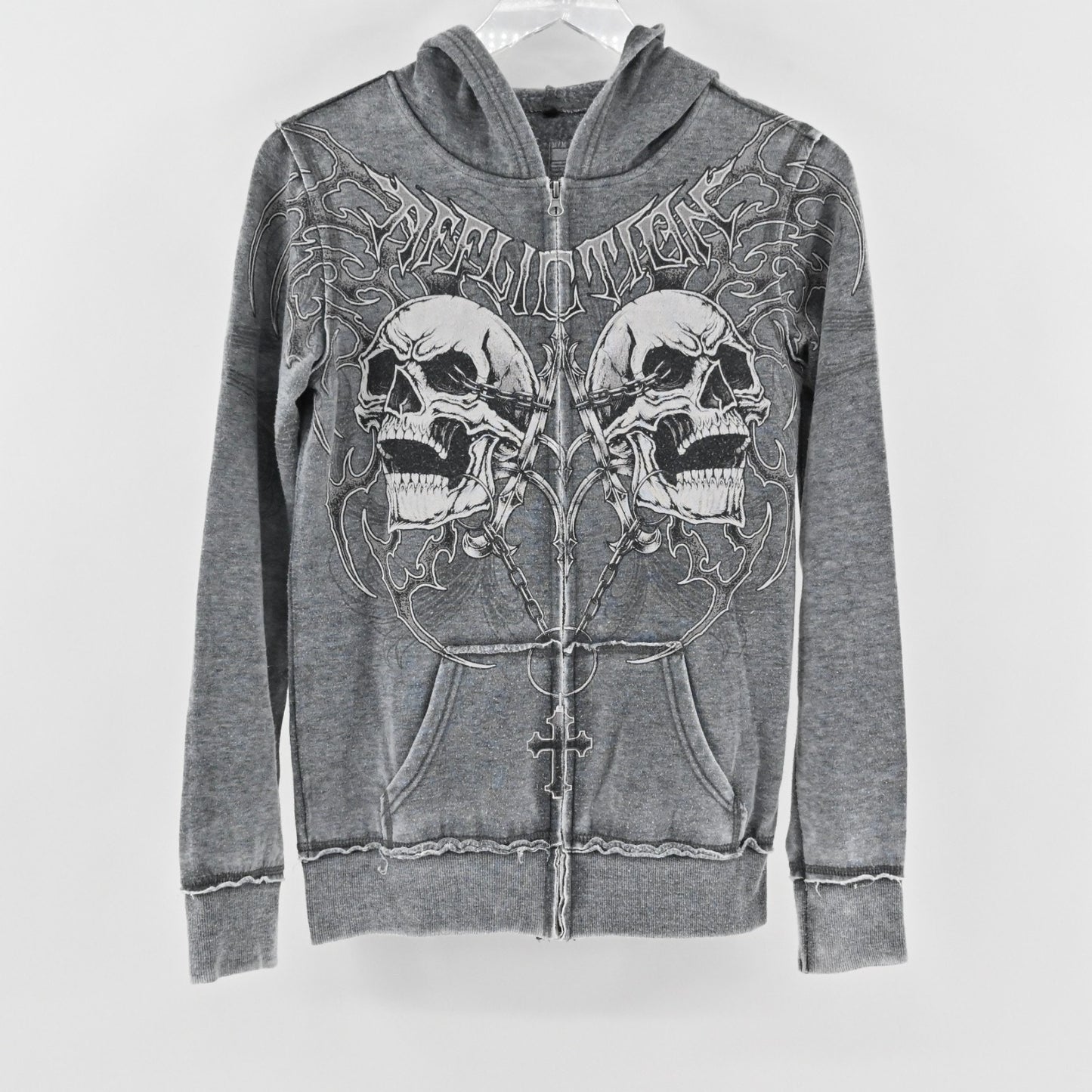 Affliction Womens Shred Fest Full Zip Jacket Size M Gray Black Hooded Skull Rock