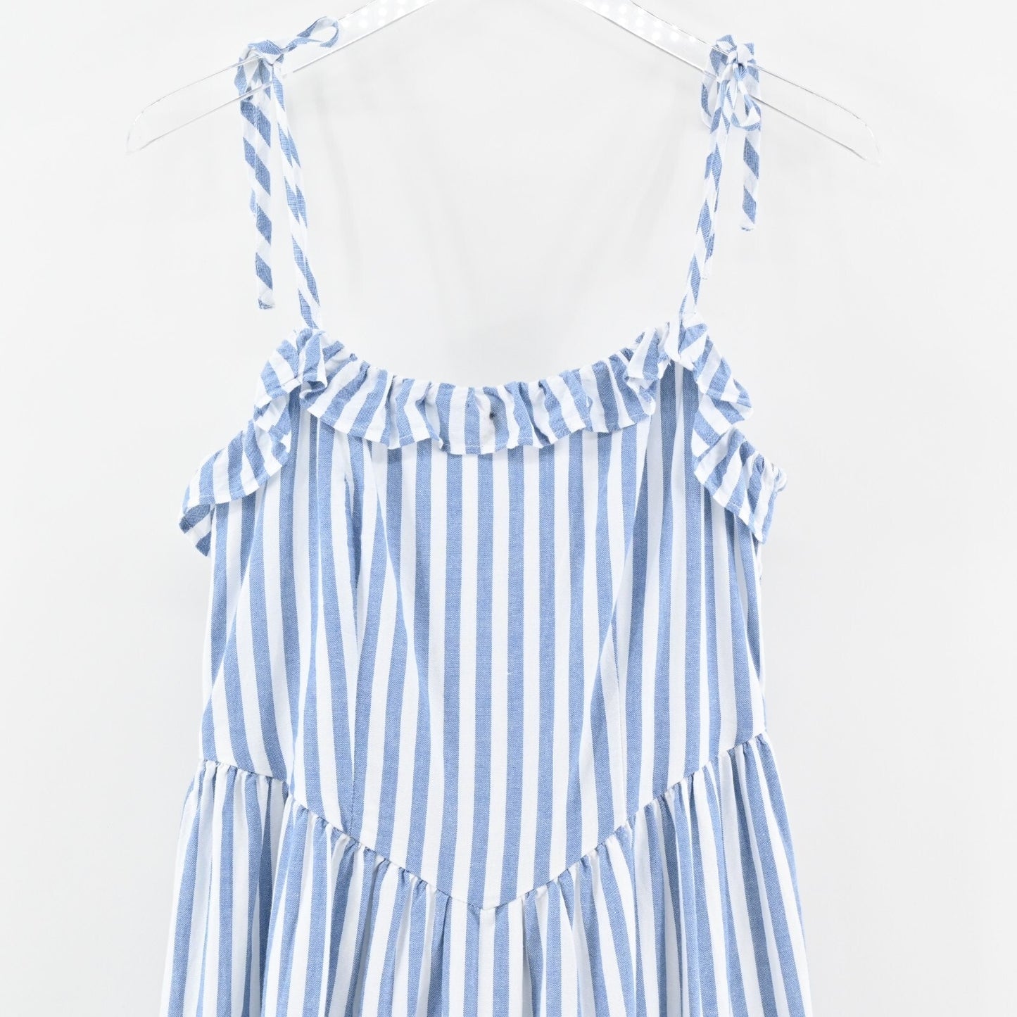 AND NOW THIS Dress Size M Chambray Blue White Stripe Ruffle Sleeveless Midi NEW