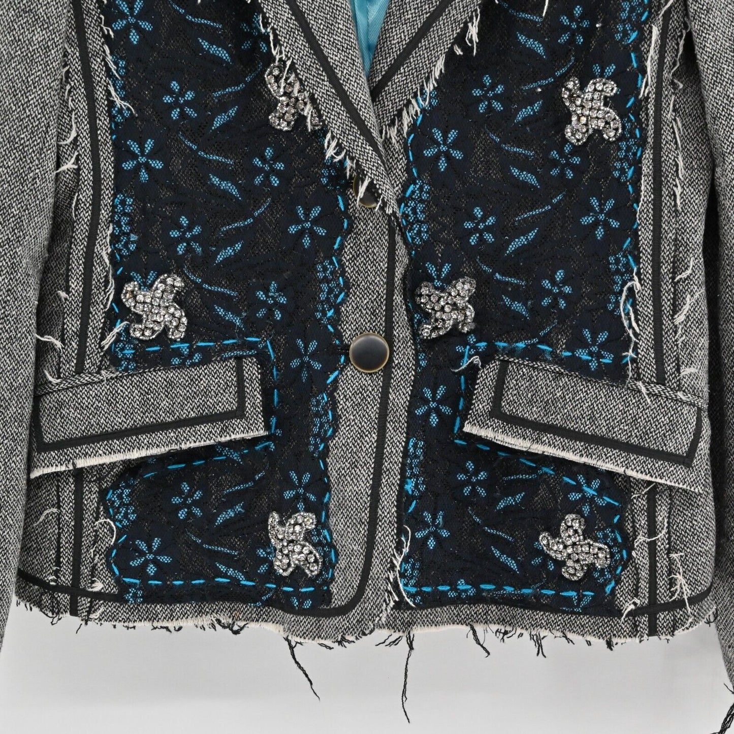 Vtg Blazer Distressed Patchwork Lace Wool Silk Womens Sz L SPY ZONE EXCHANGE 00s