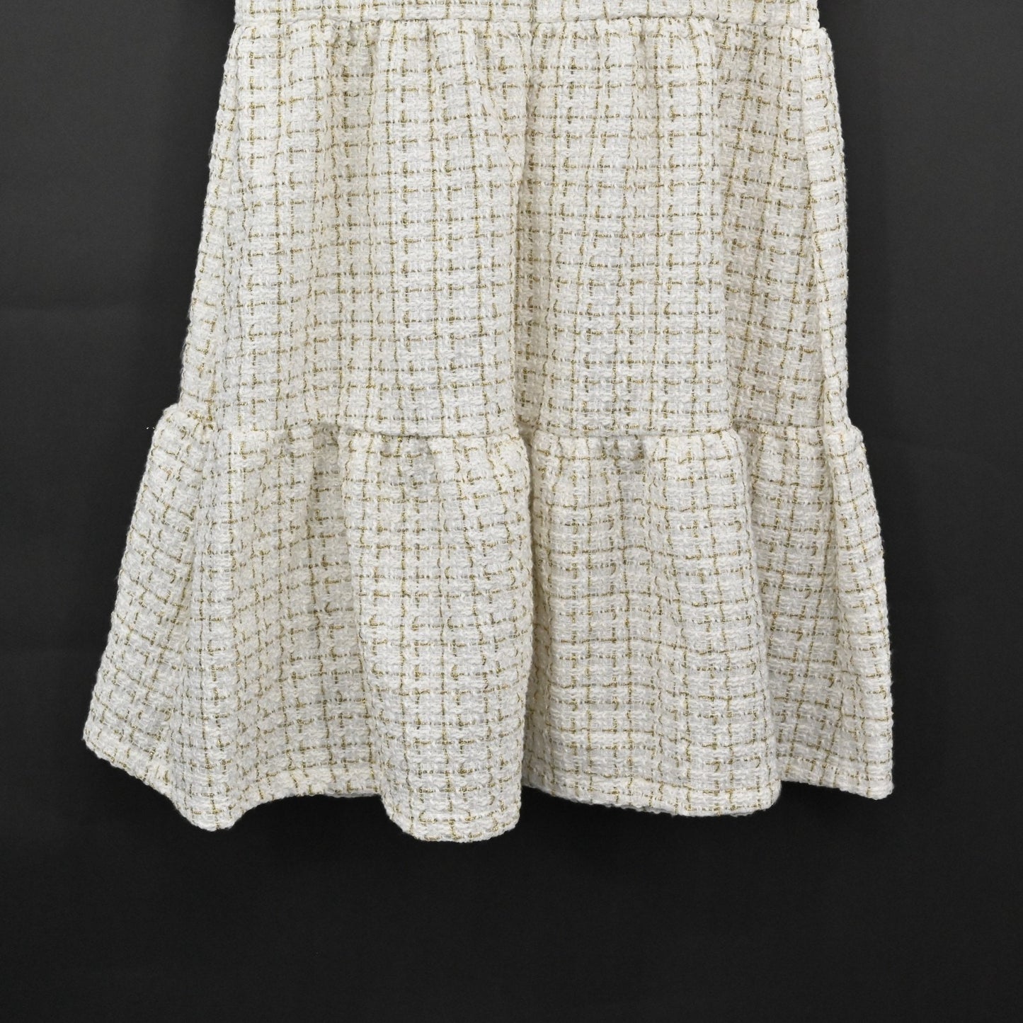 Simply Southern Tweed Puff Sleeve Dress Size M Square Neck Tiered Ivory Gold NEW