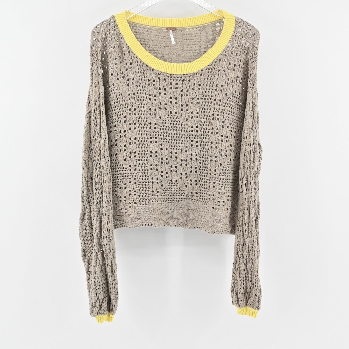 Free People Sweater Womens Large Tan Yellow Open Knit Pullover Boho Lightweight