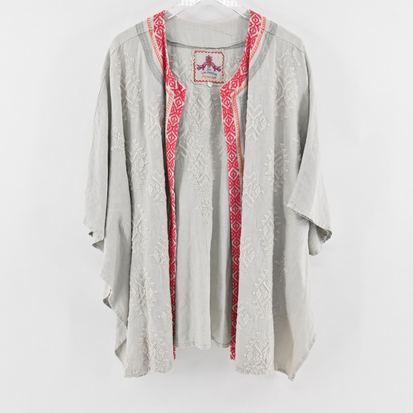 JOHNNY WAS Womens Linen Kimono Size L Embroidered Trim Batwing Boho Open Front