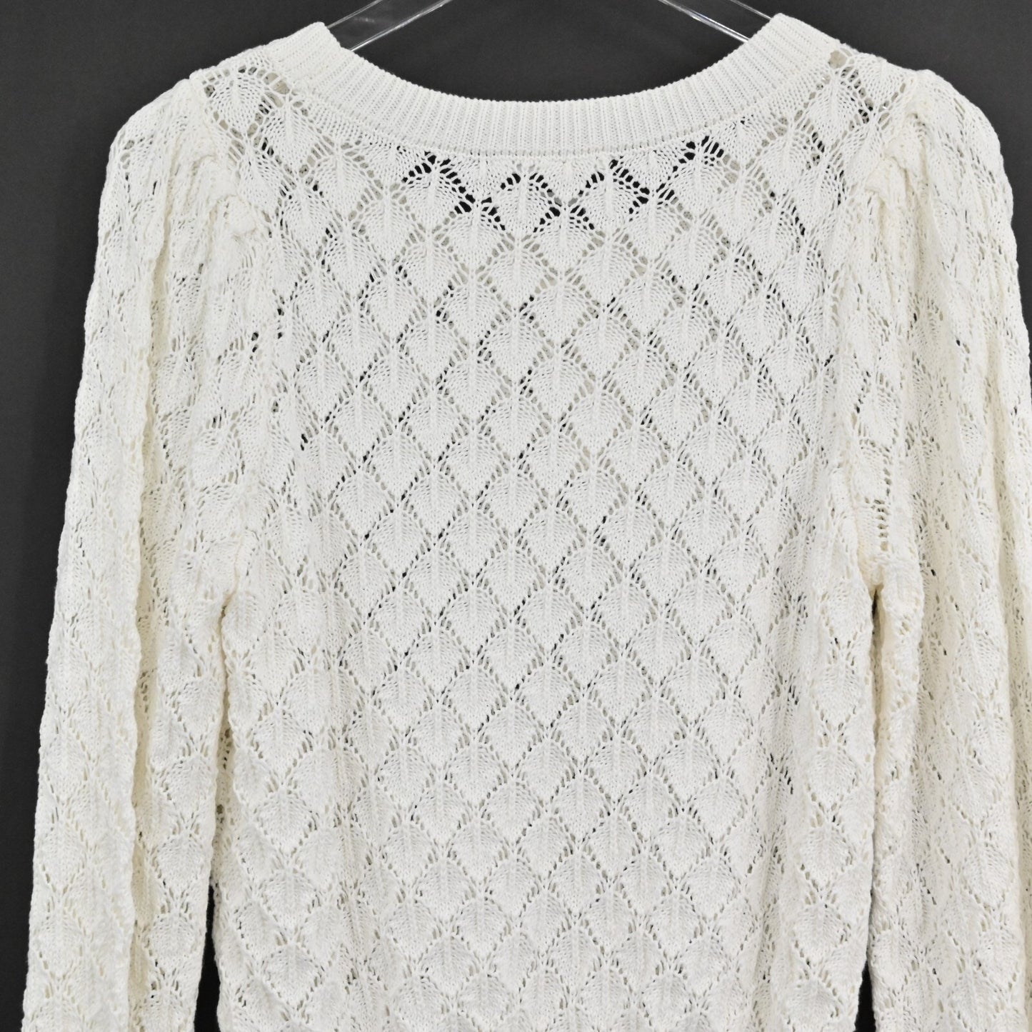 ANTHROPOLOGIE Womens Pointelle Sweater Size M Flounce Hem Knit Ivory Preppy NEW
