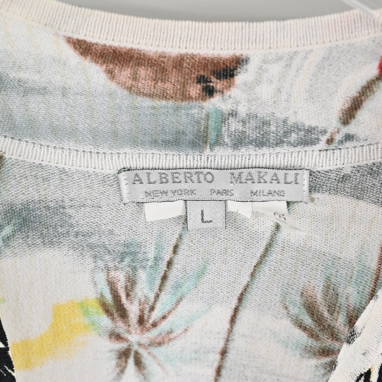 Vtg ALBERTO MAKALI Cardigan Womens Sz L Ivory Tropical Print V Neck Full Zip Y2k