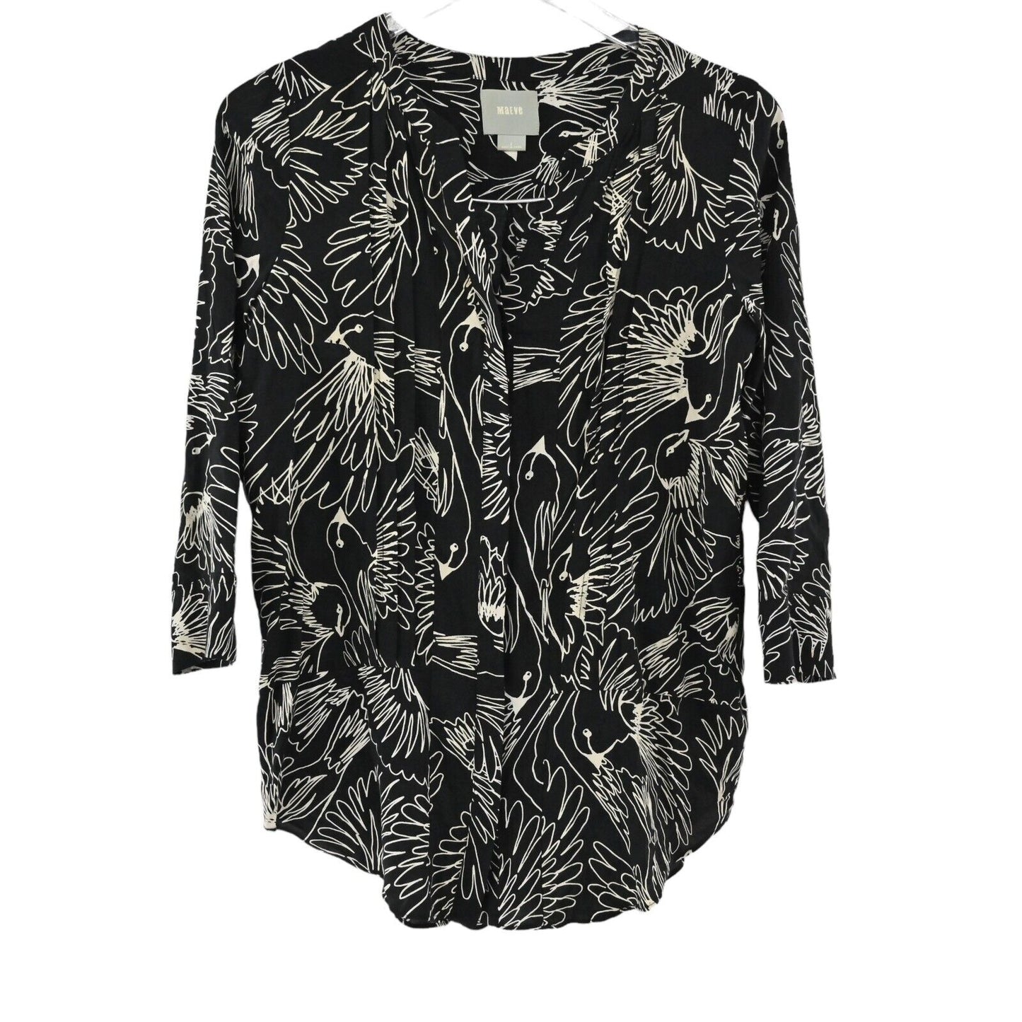 ANTHROPOLOGIE Top Womens Size 2 Maeve Bird Novelty Print Pleated Pintuck Blouse