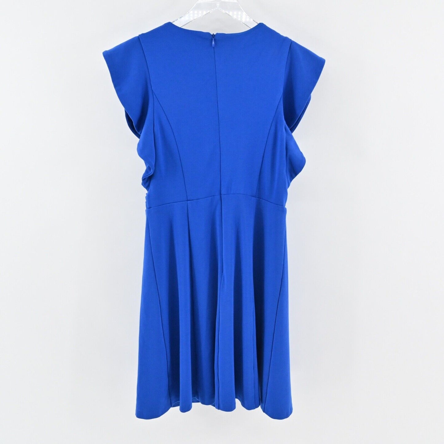 H by HALSTON Dress Sz 6 Blue Ruffle Flutter Sleeve Faux Wrap V Neck Jersey Shift