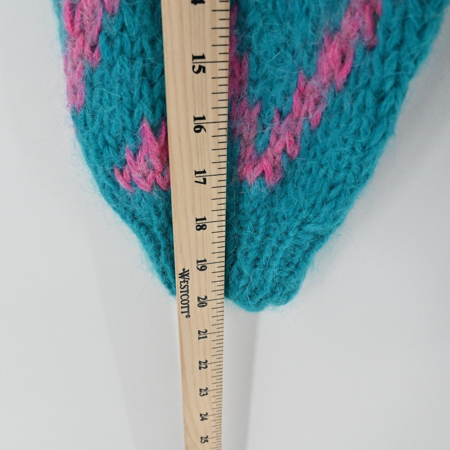 Vtg 80s Womens Mohair Knit Sweater Size L Teal Colorful Diamond Cardigan