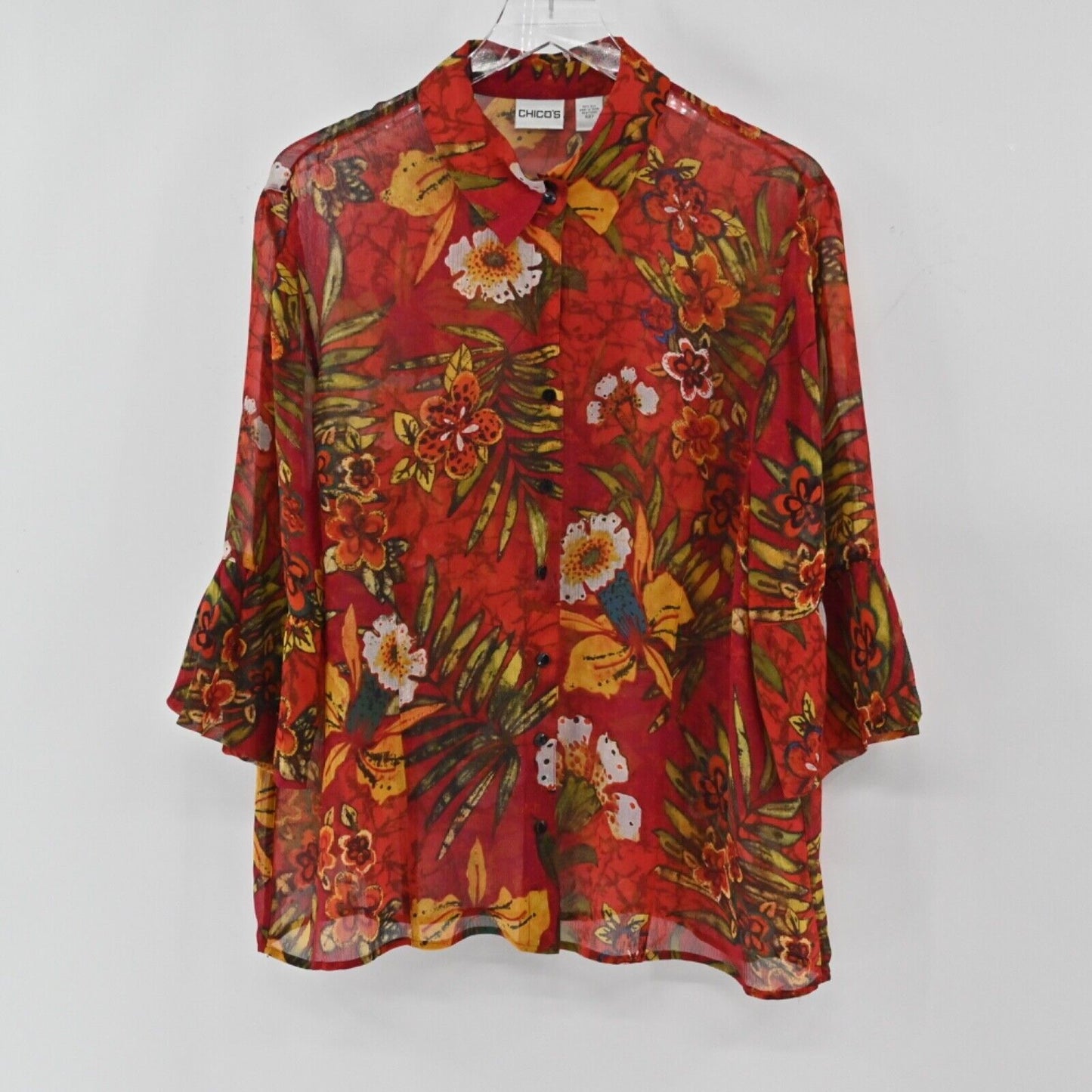 Vtg CHICOS Top Womens Size XL Red Tropical Floral Button Up Silk Bell Sleeve 00s