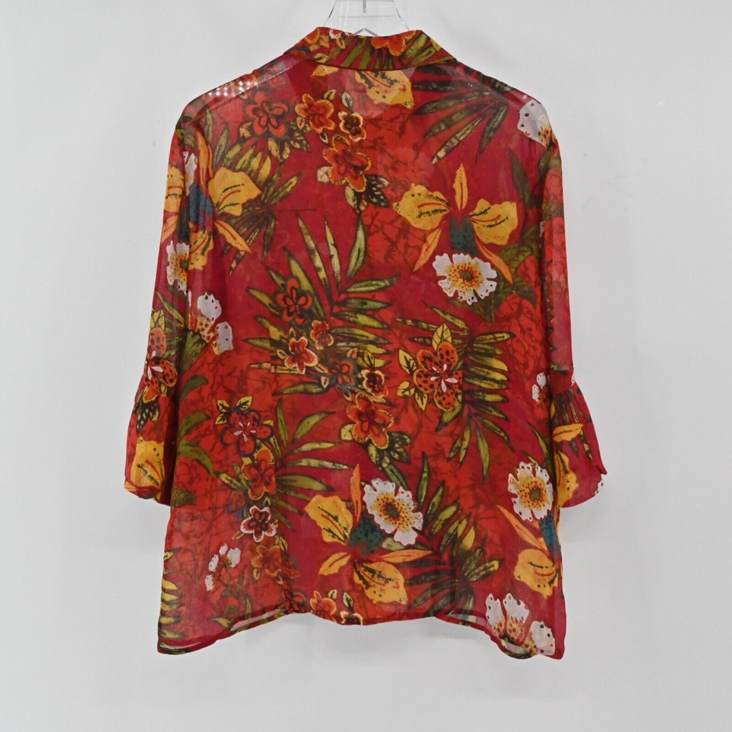 Vtg CHICOS Top Womens Size XL Red Tropical Floral Button Up Silk Bell Sleeve 00s