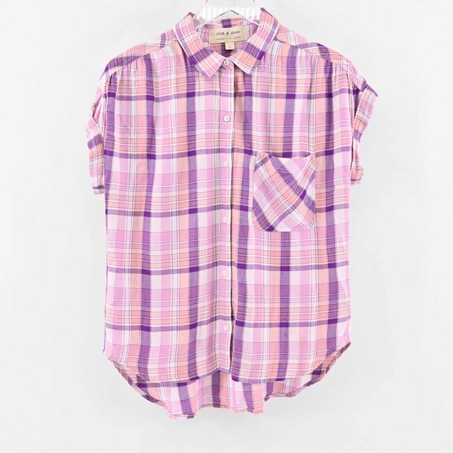 CLOTH STONE Top Womens Sz S Pink Purple Plaid Button Front Short Sleeve Western
