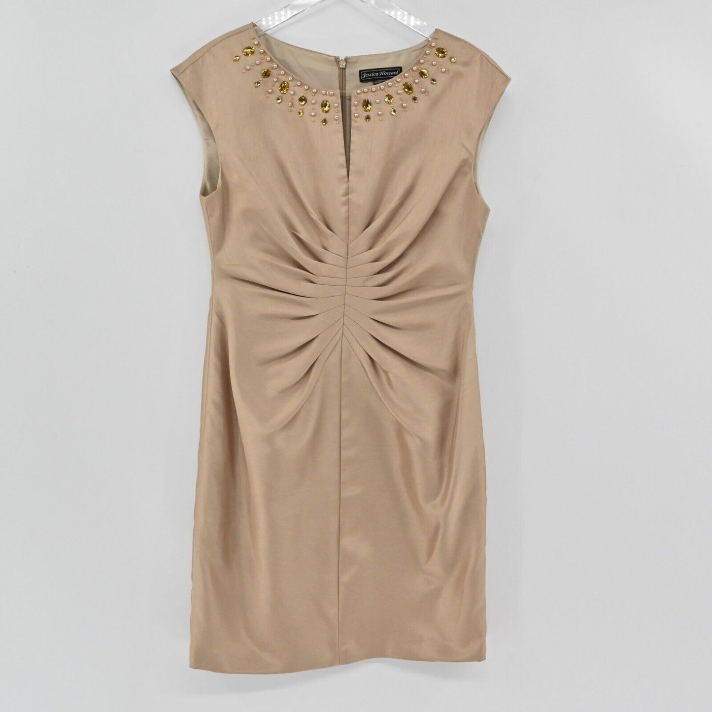 JESSICA HOWARD Dress Womens Sz 10 Champagne Pleated Rhinestone Sleeveless Sheath