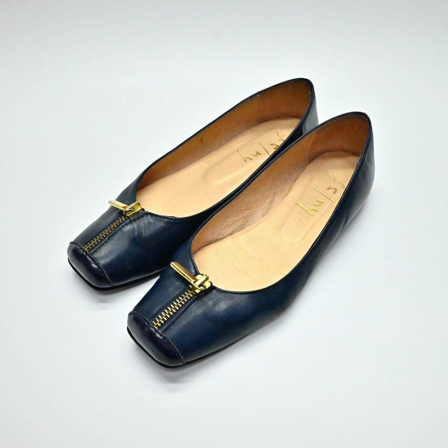 FRENCH SOLE Flats Womens Sz 6.5 B Navy Leather Gold Zip Slip On Ballet Shoe FSNY