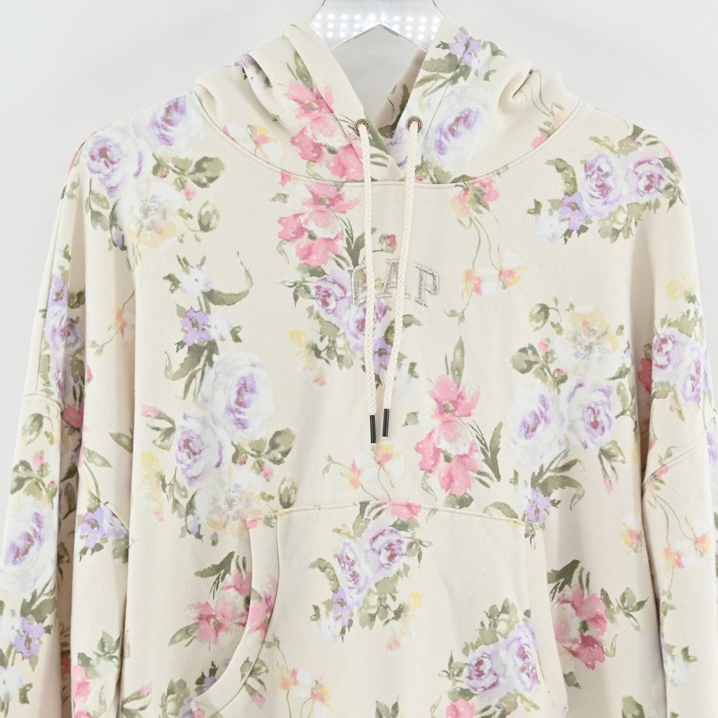 GAP LoveShackFancy Floral Hoodie Womens Size M Cropped Sweatshirt Logo Pullover