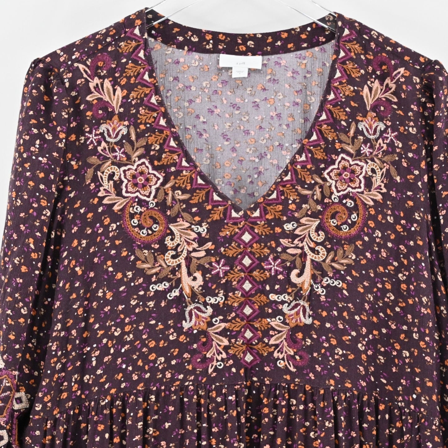 J JILL Embroidered Dress Size L Sonoma Floral Dark Fig Ditsy Boho Relaxed Swing