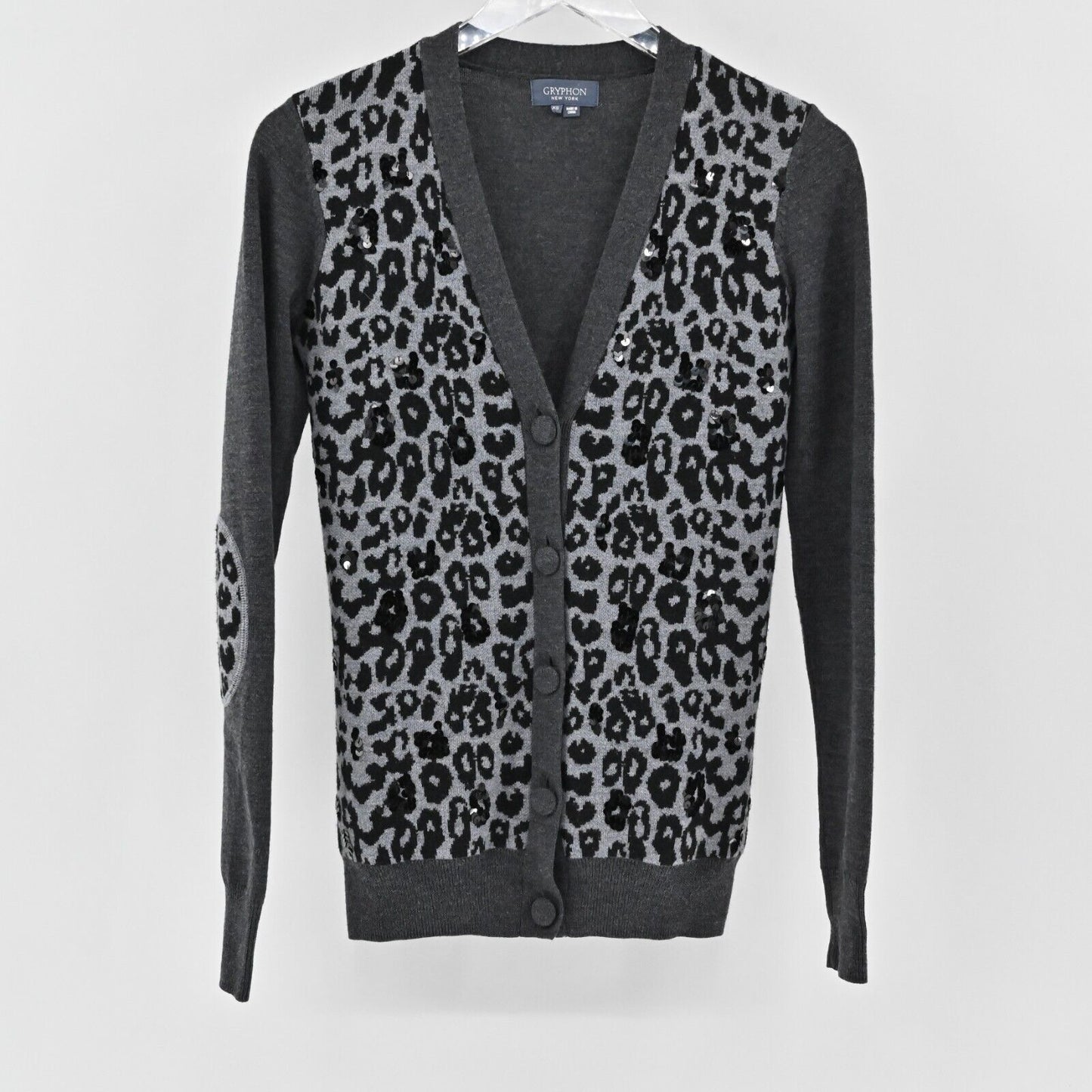 GRYPHON Sweater Womens Size XS Leopard Print Sequin Knit Cardigan Merino Wool