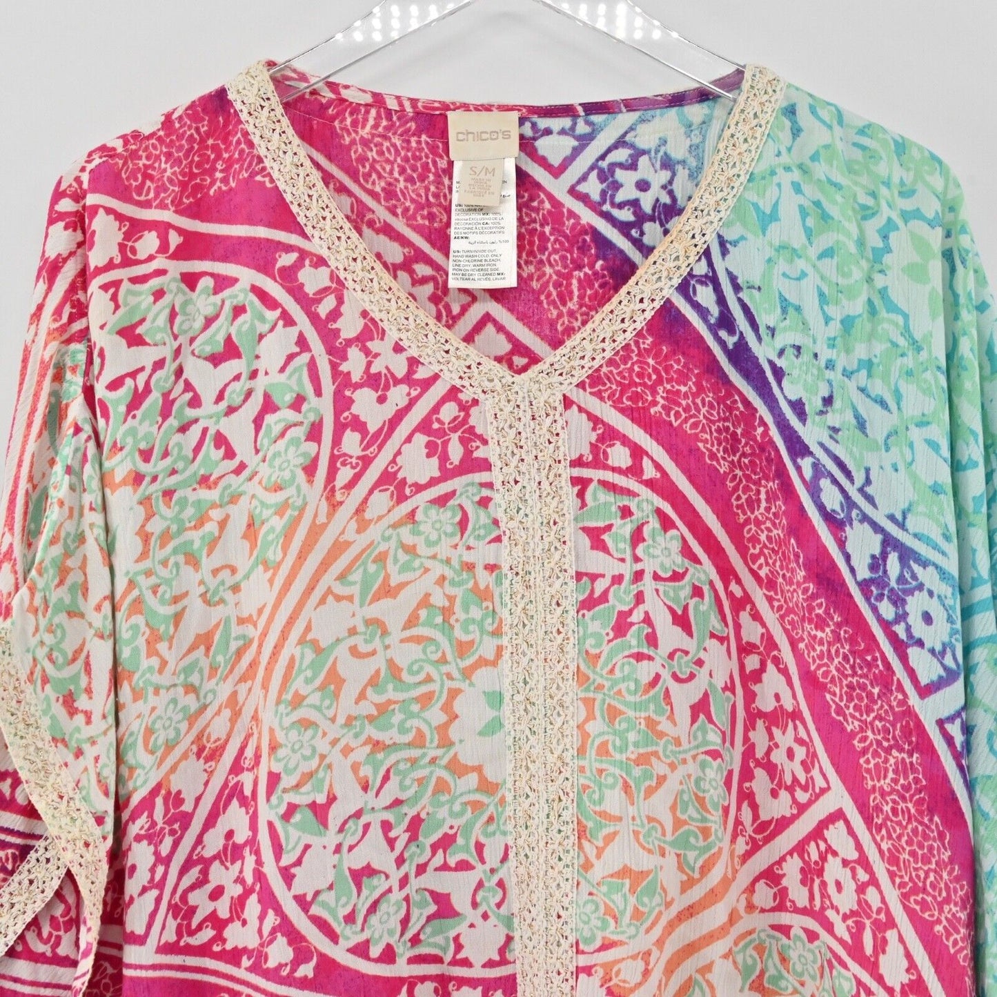 CHICOS Top Womens Size SM Kaleidoscope Medallion V Neck Poncho Style Tunic Boho