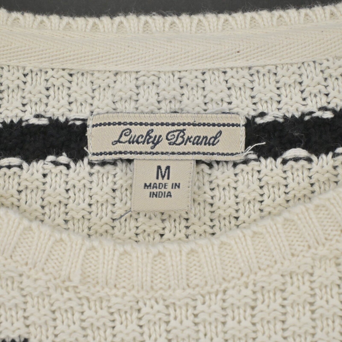 LUCKY BRAND Sweater Womens Sz Medium Fringe Pullover Long Sleeve Stripe Natural
