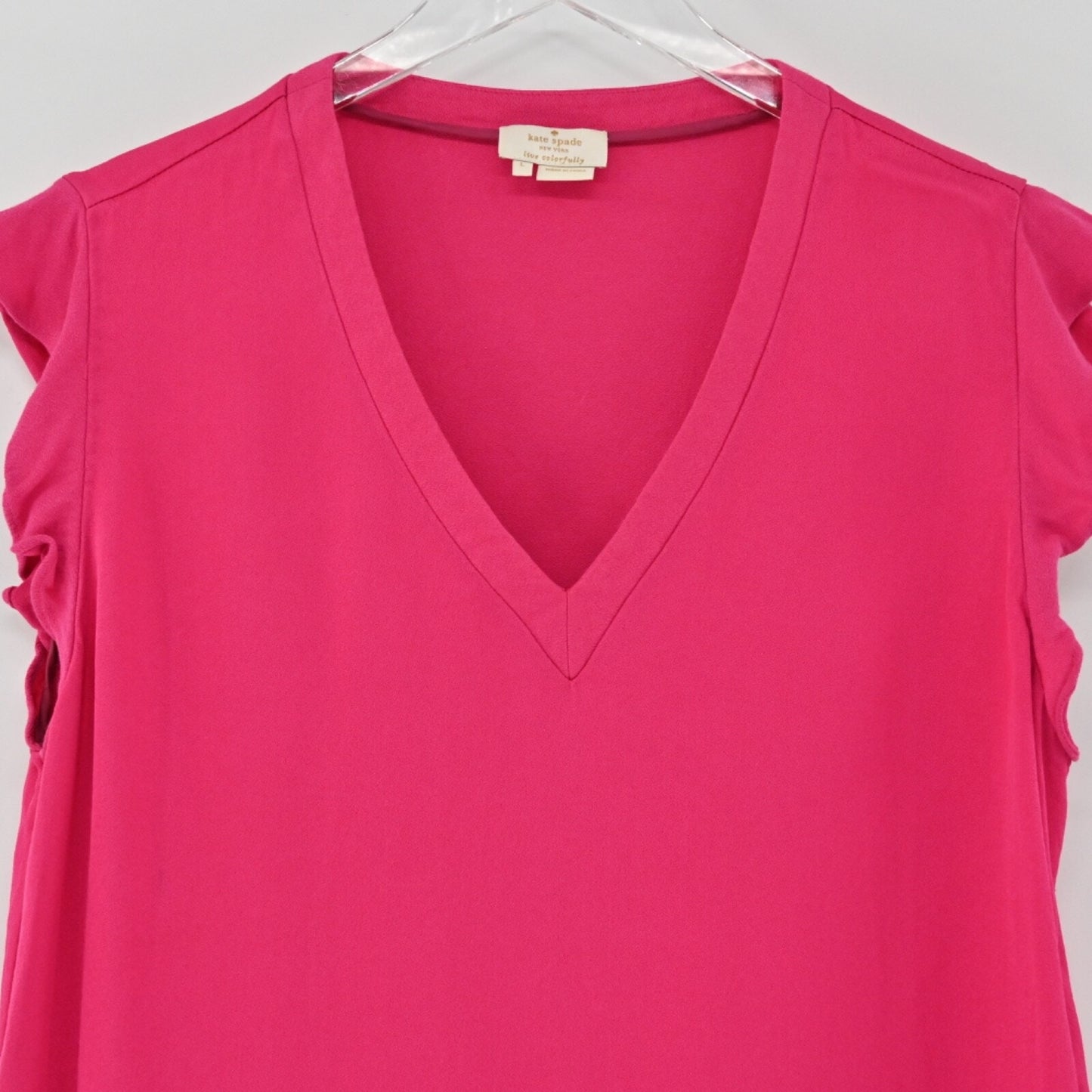 KATE SPADE Top Womens Sz L Pink V Neck Ruffle Flutter Cap Sleeve Preppy New York