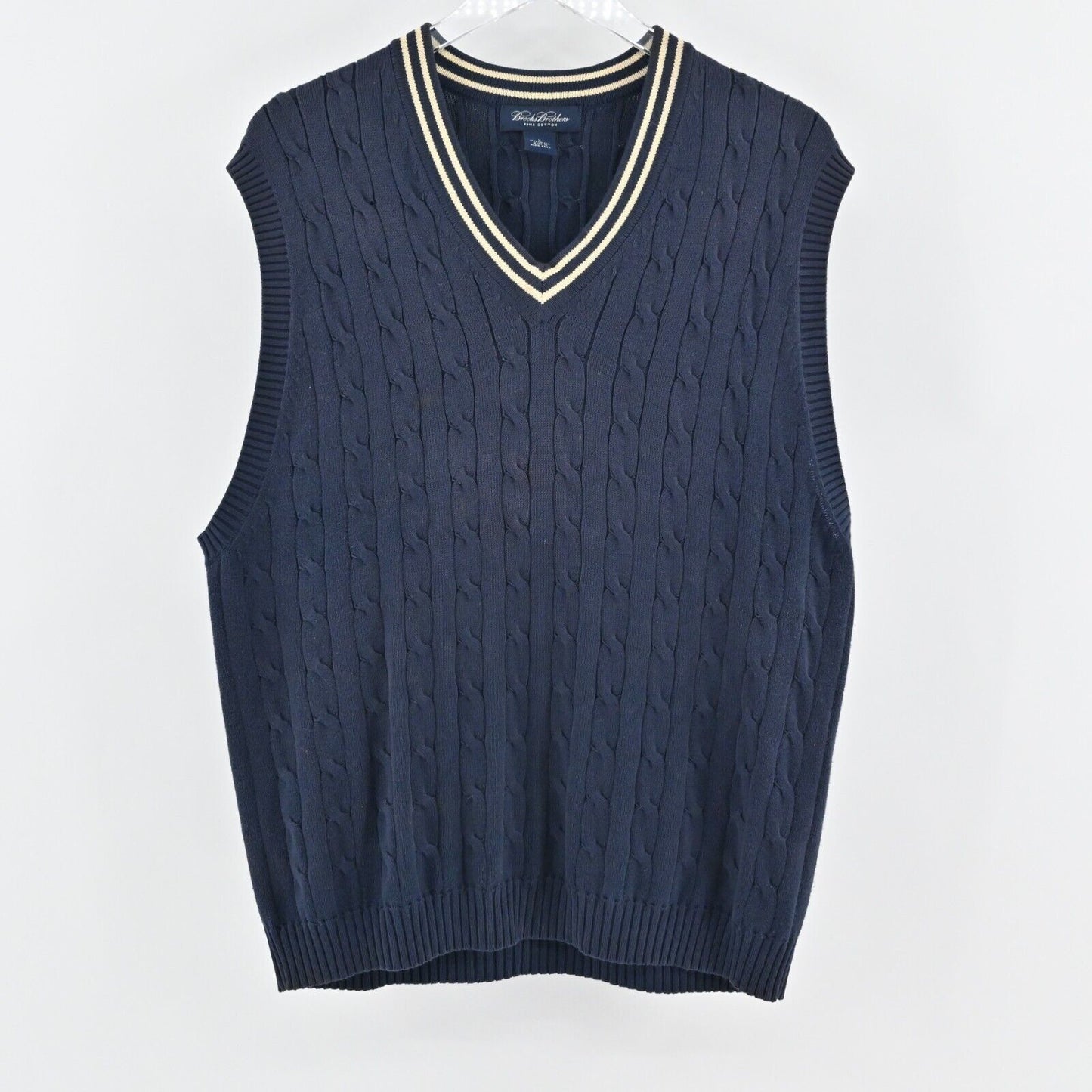 BROOKS BROTHERS Sweater Mens Size L Navy Blue Cable Knit VNeck Sleeveless Vest