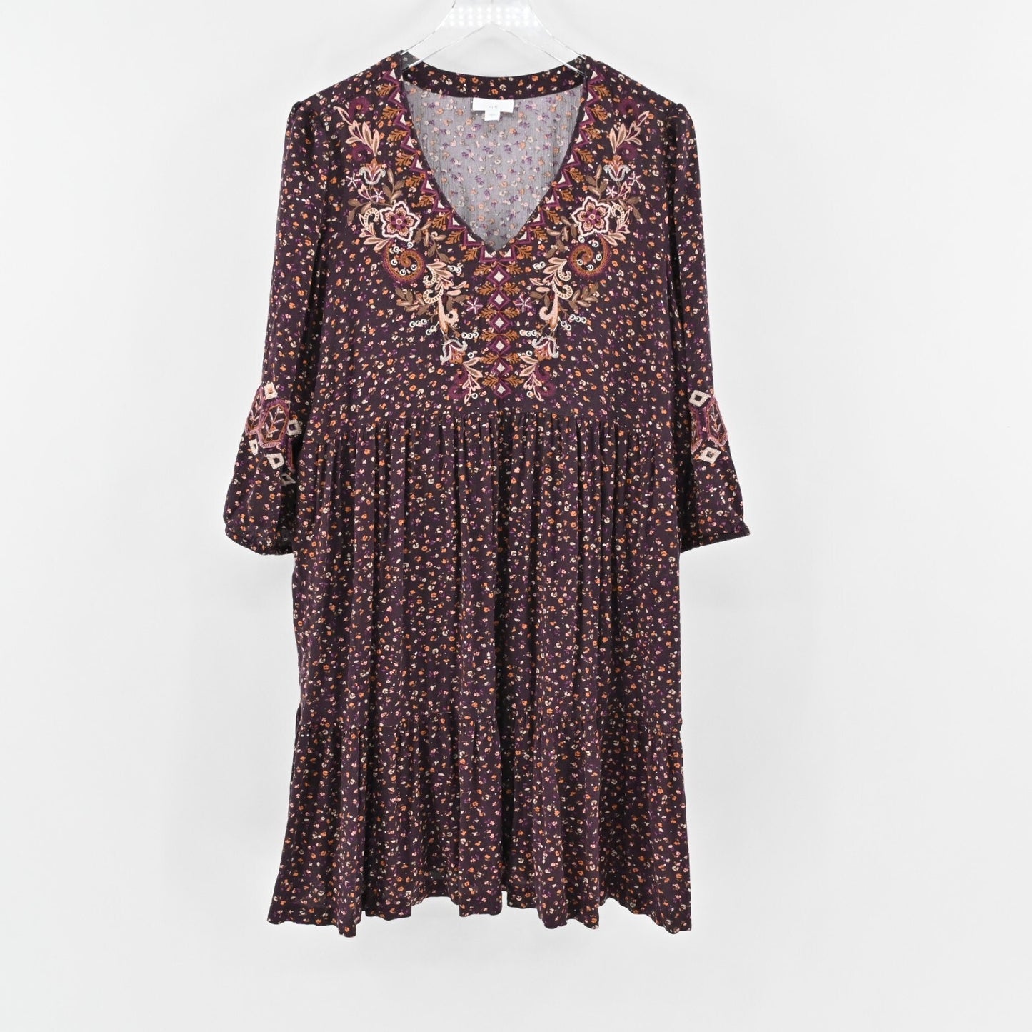 J JILL Embroidered Dress Size L Sonoma Floral Dark Fig Ditsy Boho Relaxed Swing