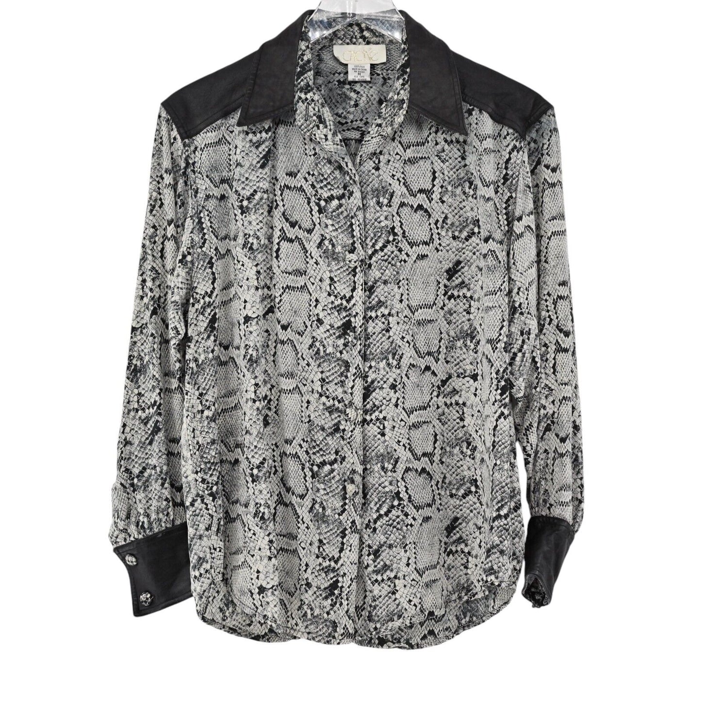 Vtg CACHE Top Womens Sz M Black Snakeskin Print Silk Faux Leather Button Up 90s