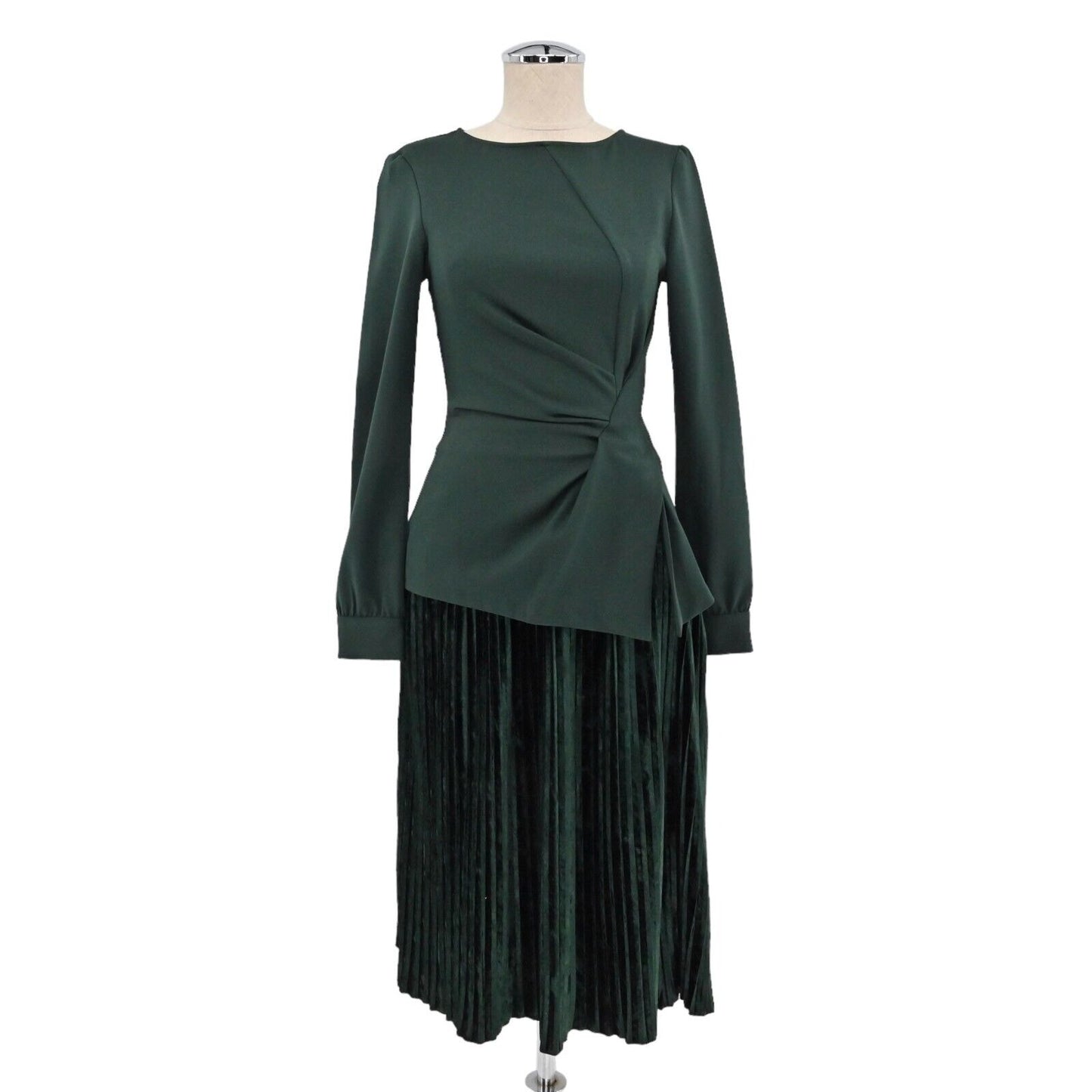 ZARA Skirt Set Womens Size XS Blouse Pleated Velour Emerald Green Retro Career