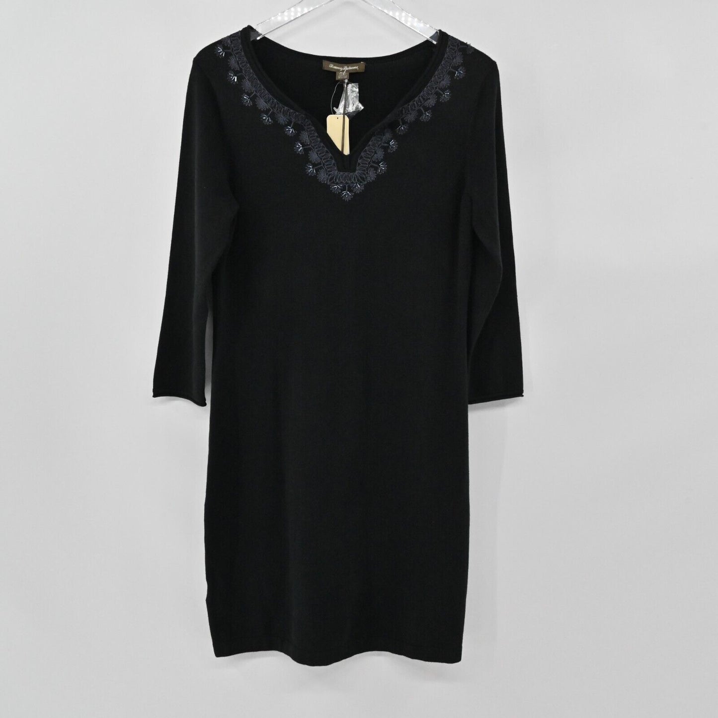 TOMMY BAHAMA Dress Womens Size S Pickford Embroidered Split Neck Black Shift NEW