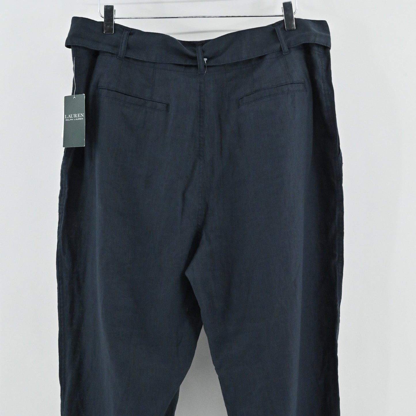 Ralph Lauren Womens Cropped Linen Pants Size 14 Navy Tie Waist Preppy Summer LRL