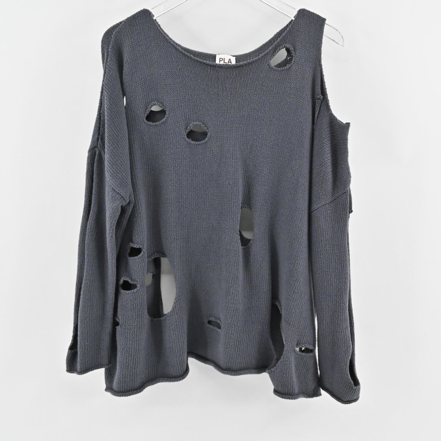 PLANET Gray Distressed Sweater Womens Size OS Hole Cotton Knit Bateau Neck