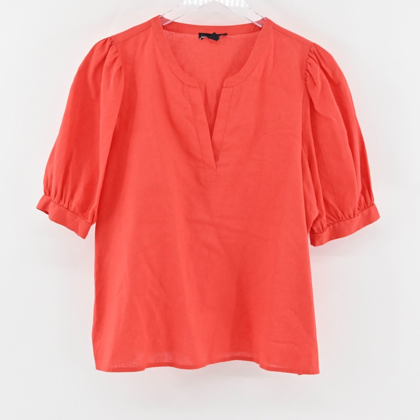 SAKS FIFTH AVENUE Top Womens Size XL Coral Linen Blend Split V Neck Puff Sleeve