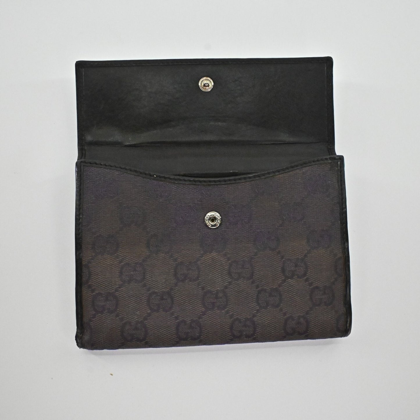 Vtg GUCCI Wallet Brown Leather Classic Monogram GG Logo Print Fold Compact