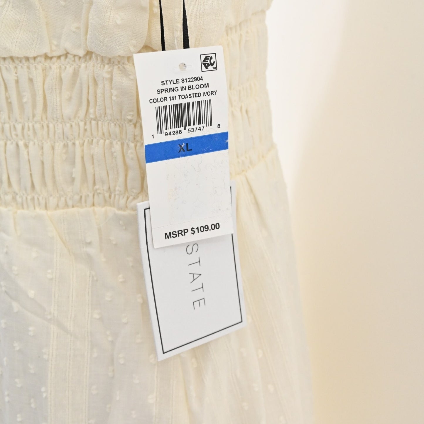 1 STATE Dress Sz XL Midi Smocked Waist Cotton Swiss Dot Cottagecore Prairie NEW