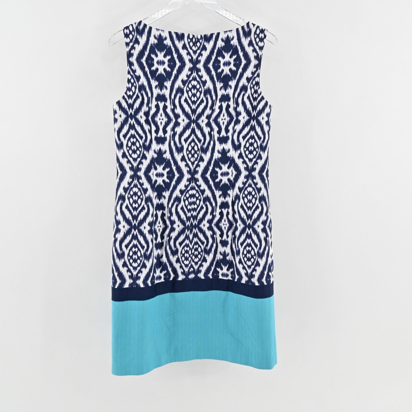 Anne Klein Womens Blue Ikat Dress Shift Size 12 Cotton Sleeveless Stretch Office