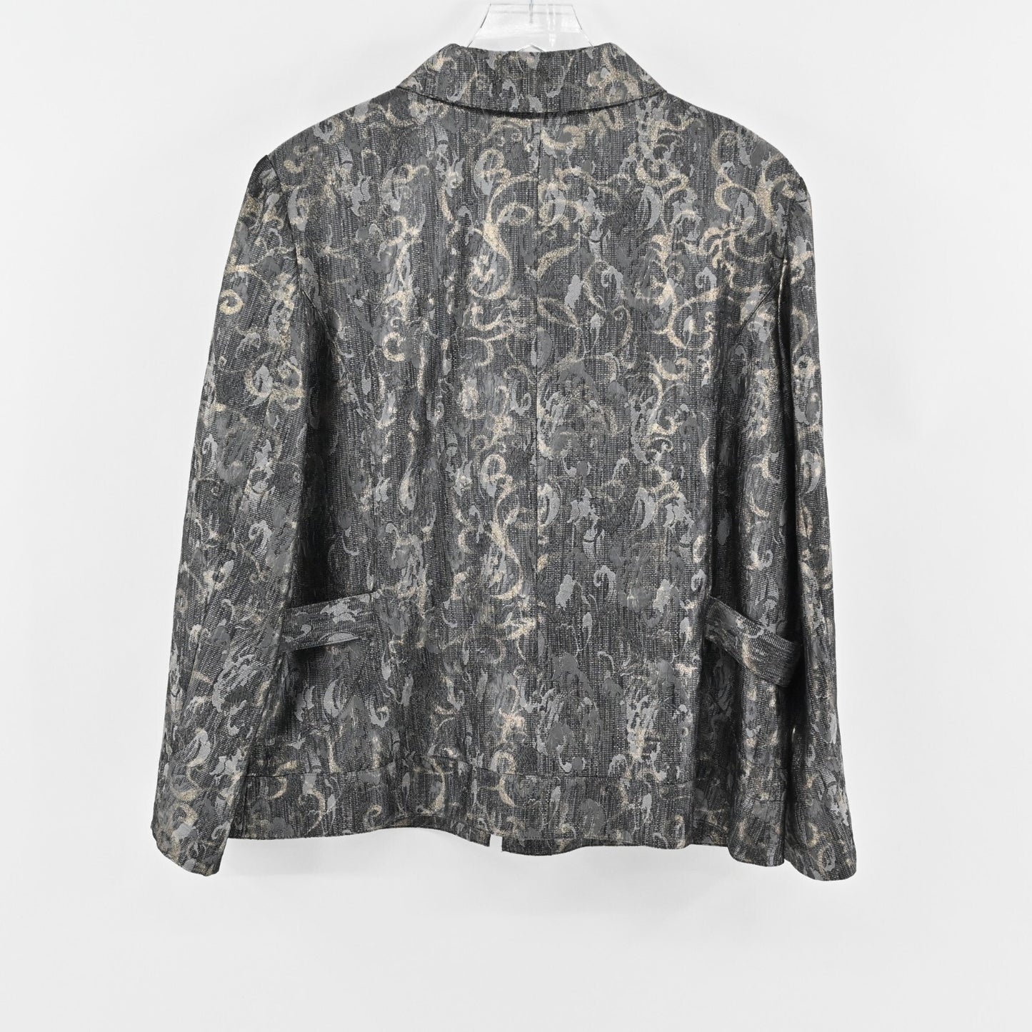 CHICOS Jacket Womens Size XL Barrett Shimmering Scroll Dark Gray Gold Zip Front