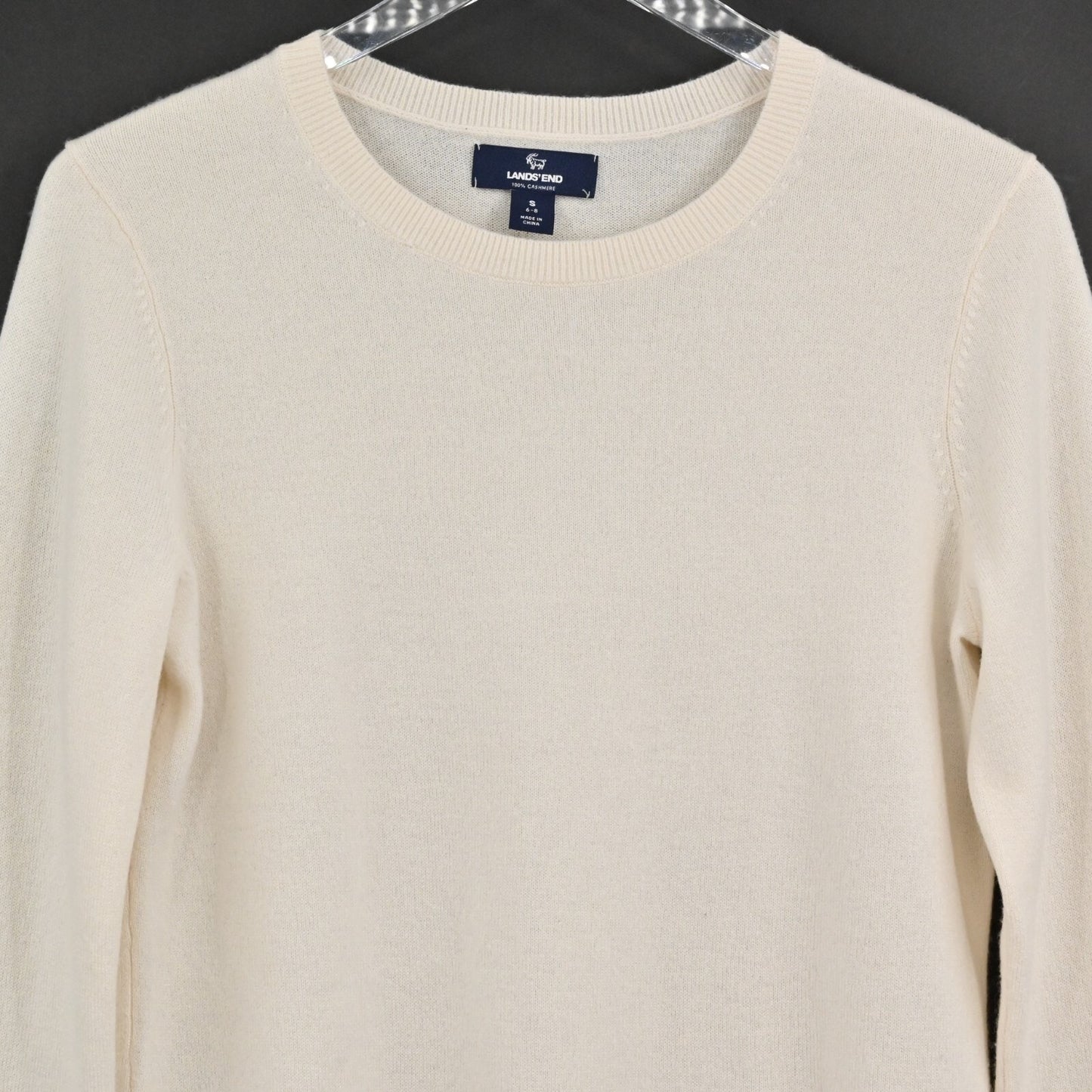 LANDS END Womens Cashmere Sweater Size S Cream Knit Crew Neckline Classic Luxury