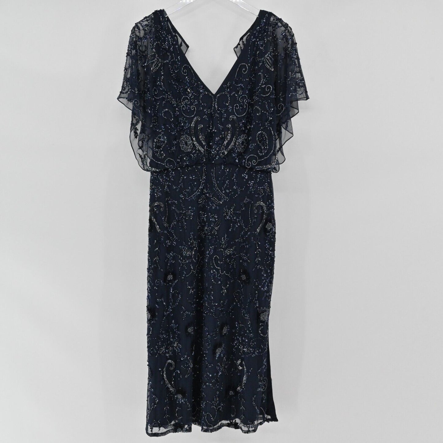 AIDAN MATTOX Dress Size 10 Beaded Sequin Navy Blue Gown Flutter Sleeve Glam FLAW