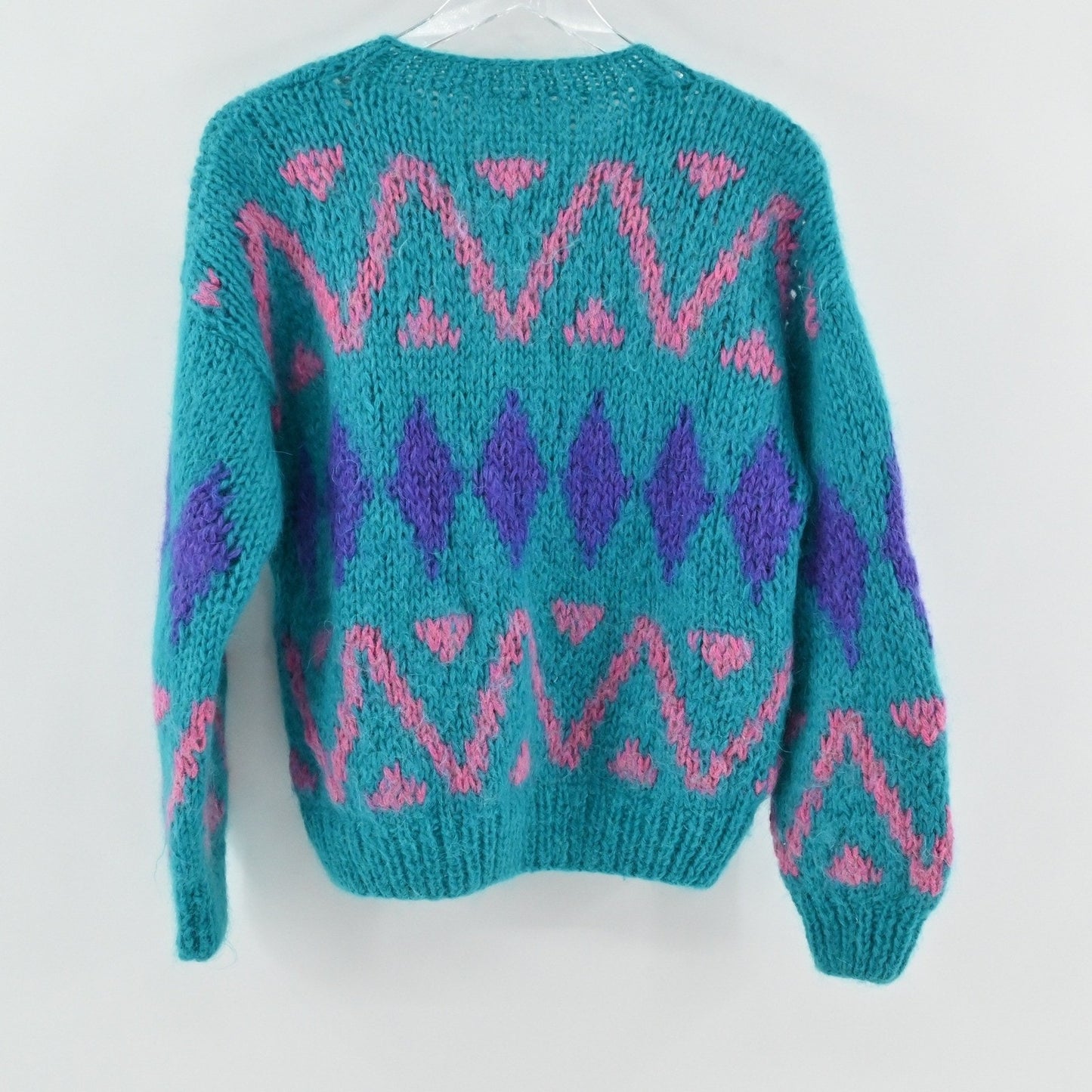 Vtg 80s Womens Mohair Knit Sweater Size L Teal Colorful Diamond Cardigan