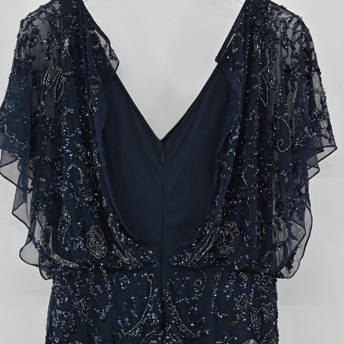 AIDAN MATTOX Dress Size 10 Beaded Sequin Navy Blue Gown Flutter Sleeve Glam FLAW