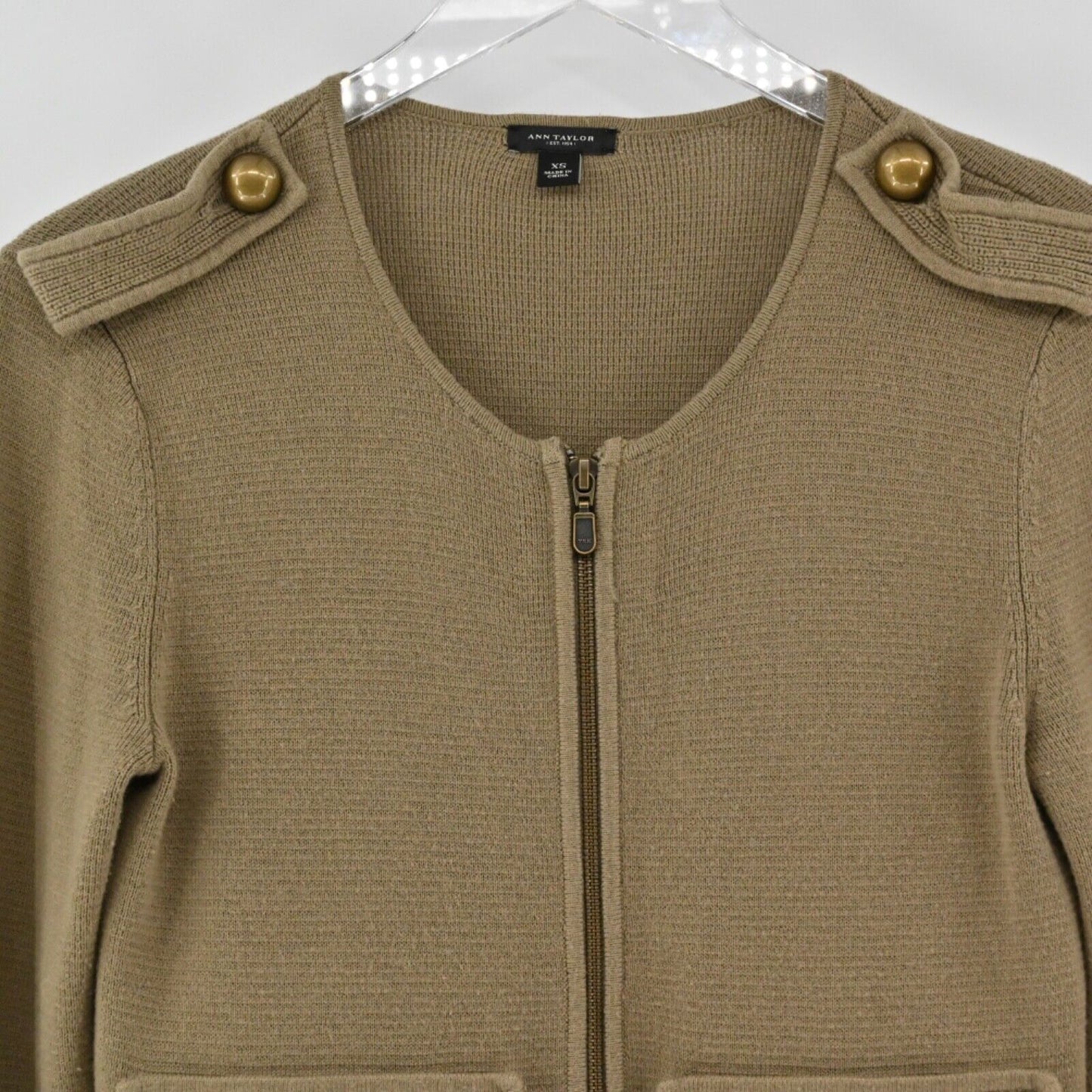 ANN TAYLOR Cardigan Womens Size XS Brown Military Full Zip Cotton Wool Retro Y2K