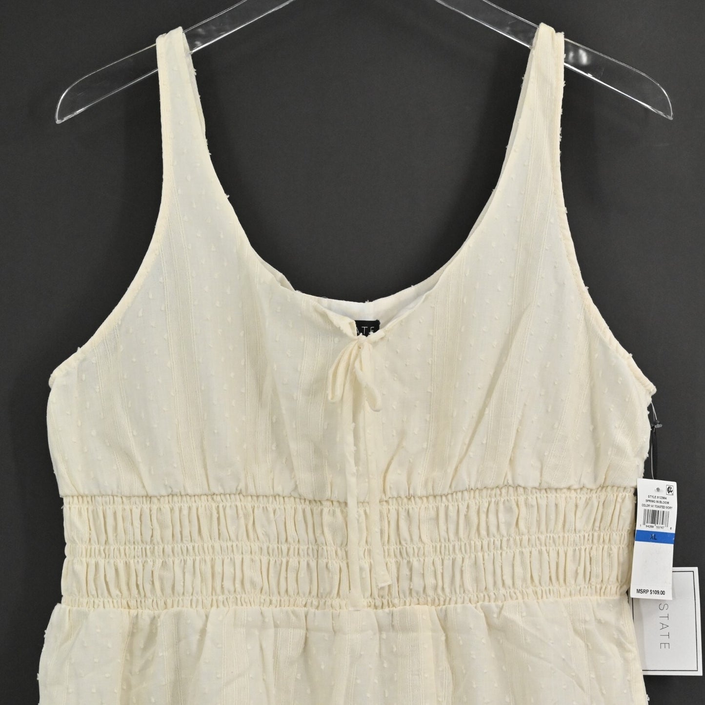 1 STATE Dress Sz XL Midi Smocked Waist Cotton Swiss Dot Cottagecore Prairie NEW