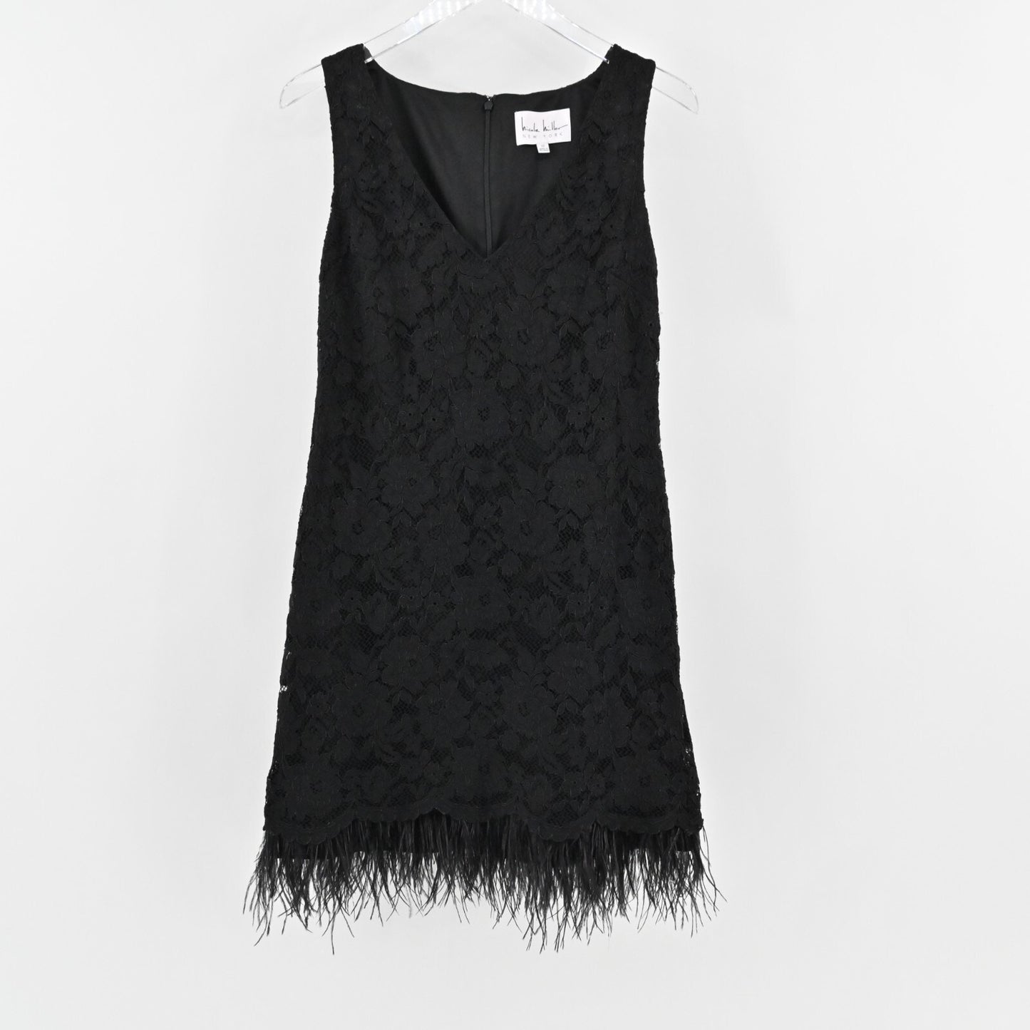 NICOLE MILLER Dress Sz 10 Black Feather Trim VNeck Sleeveless Lace Mini Flapper