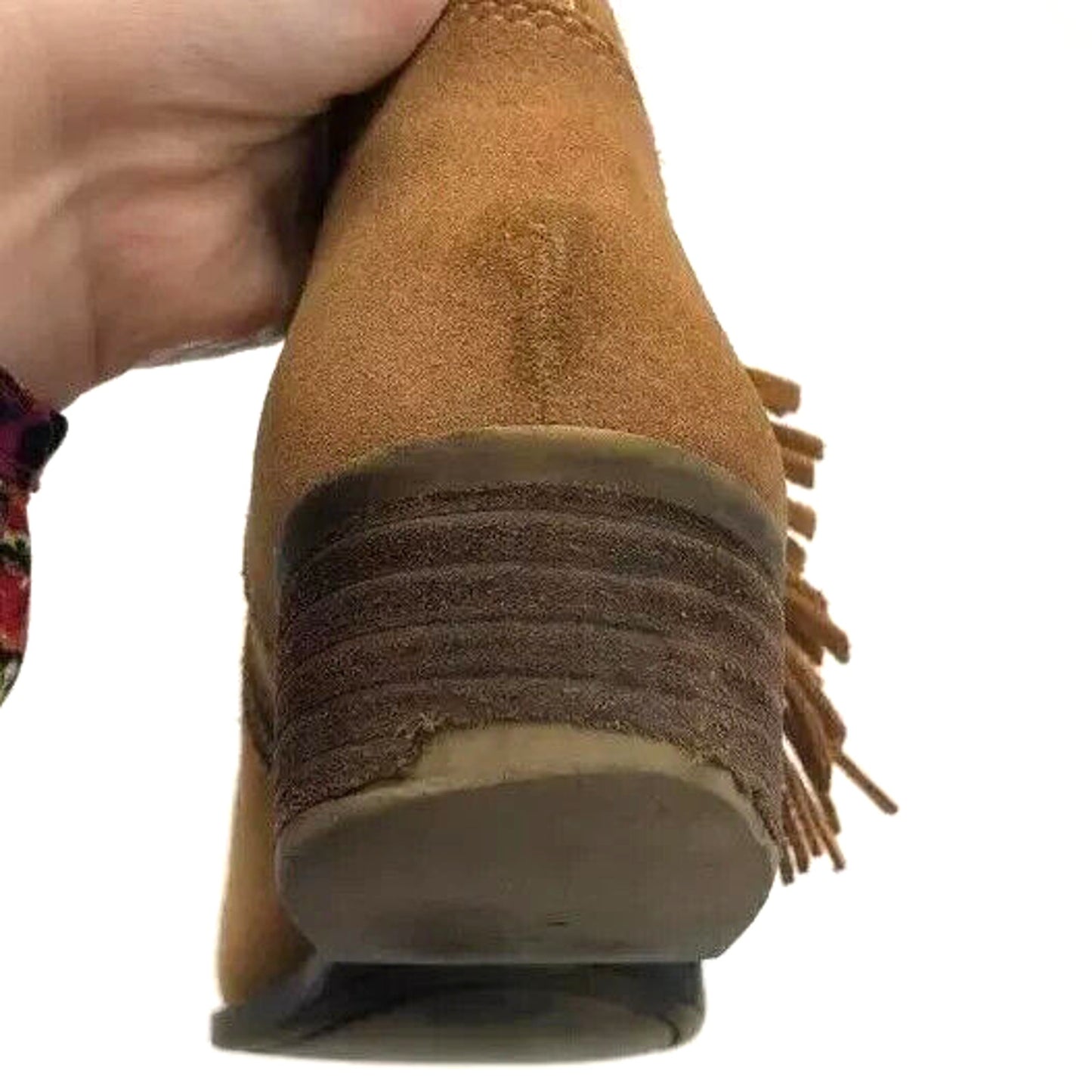 LUCKY BRAND Booties Womens Sz 6.5 Banji Ankle Fringe Stacked Heel Chestnut Brown