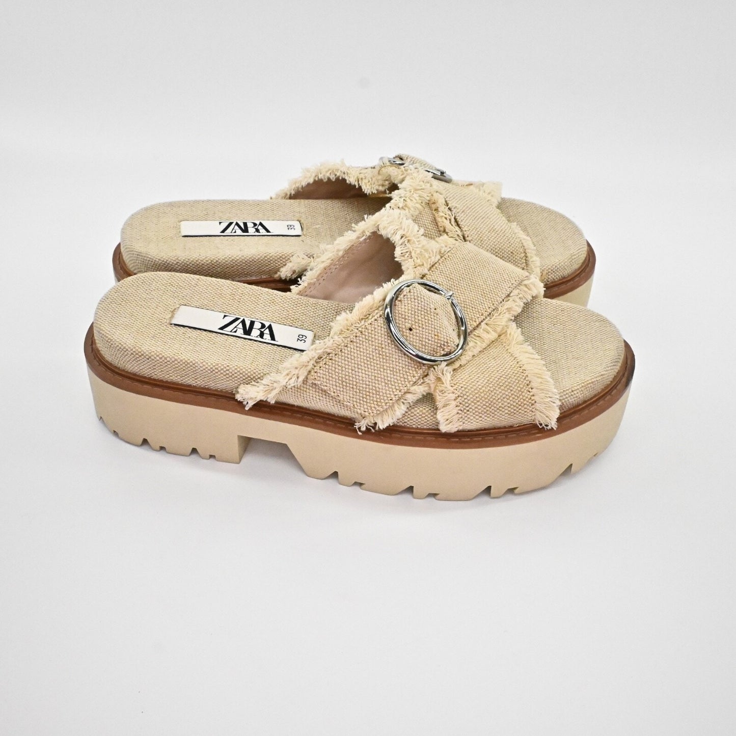 ZARA Womens Platform Sandals Size 39 Beige Woven Fringe Criss Cross Coconut Girl